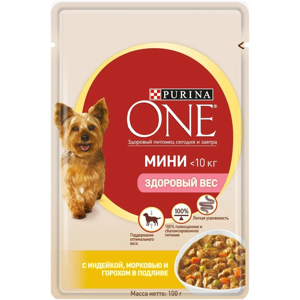 Влажный корм для собак мелких пород Purina One Mini Здоровый вес, с индейкой, морковью и горохом в подливе, Пауч, 24х100 г