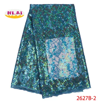 

Dress Fabric Evening, Latest African Tull Lace Fabrics, turquois Blue Organza Lace Dress With Sequin MR2627B
