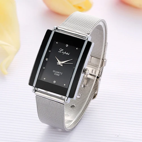 Men Women Fashion Rectangle Dial Stainless Steel Net Strap Quartz Wrist Watch 