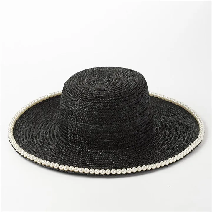 Классические соломенные шляпы с плоским верхом и широкими полями, шляпа-канотье с жемчугом, летние солнцезащитные шляпы для женщин, Элегантная Дамская кепка, шляпа Дерби - Цвет: Black