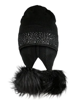 

Knitted hat with rhinestones and pompoms