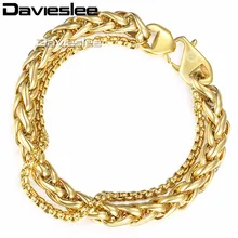Davieslee мужской браслет цепь Снаряженная кубинская коробка Пшеница звено из нержавеющей стали двойная цепь Золотой Серебряный тон 10-14 мм LDBM01B