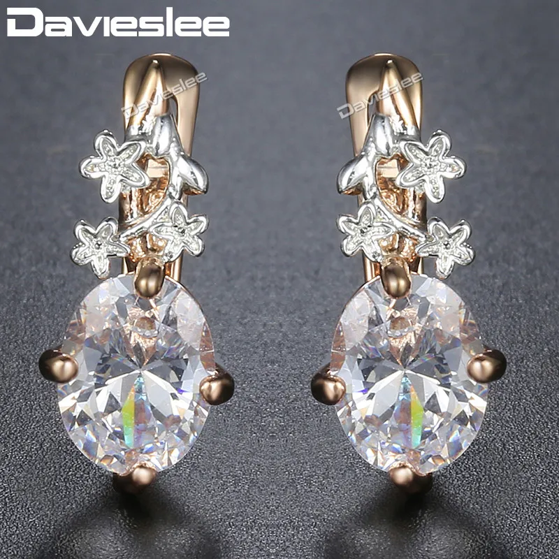 Davieslee цветы овальные прозрачные CZ женские серьги Пуссеты Серьги с застежкой белое розовое золото Заполненные 585 DGE77