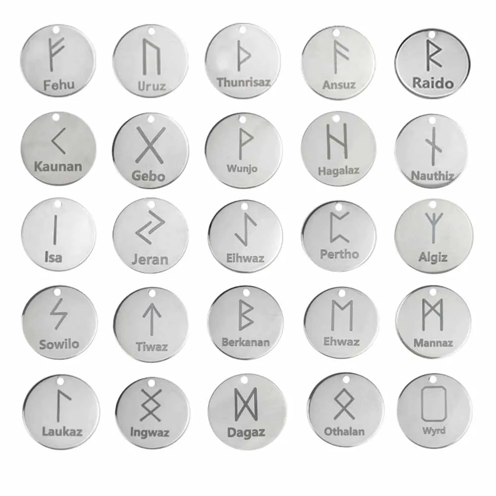 

Steel Color Carve Rune Letters Diy Accessory Round Perforation Stainless Steel Rune Letters Pendant Handmade Jewelry 2018