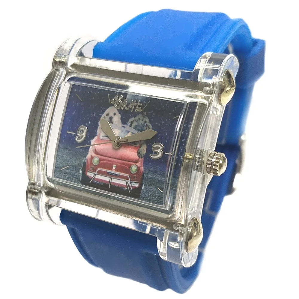

Analog Quartz Rectangular Watch Japan PC21J Movement Light Blue Silicone Band Light Dog Photo Dial