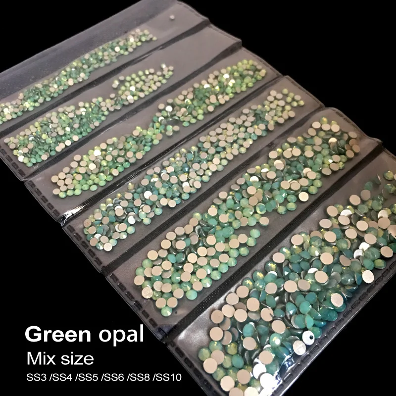 

New packaging! 1 Bag 1728pcs Green opal Colorful Nail Rhinestone Multi-size Flat Bottom 3D Nail Decoration Nail Art Decorations