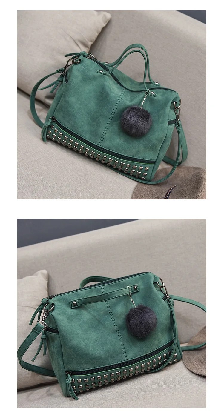 MJ Brand Design Women Handbag Fashion Suede Leather Top-Handle Bags Hair Ball Rivets Shoulder Bag Large Motorcycle Messenger Bag (20)