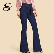 Sheinside, темно-синие джинсы с завязками на талии, женские джинсовые брюки, винтажная женская одежда, осенние брюки с высокой талией, эластичные джинсы с поясом
