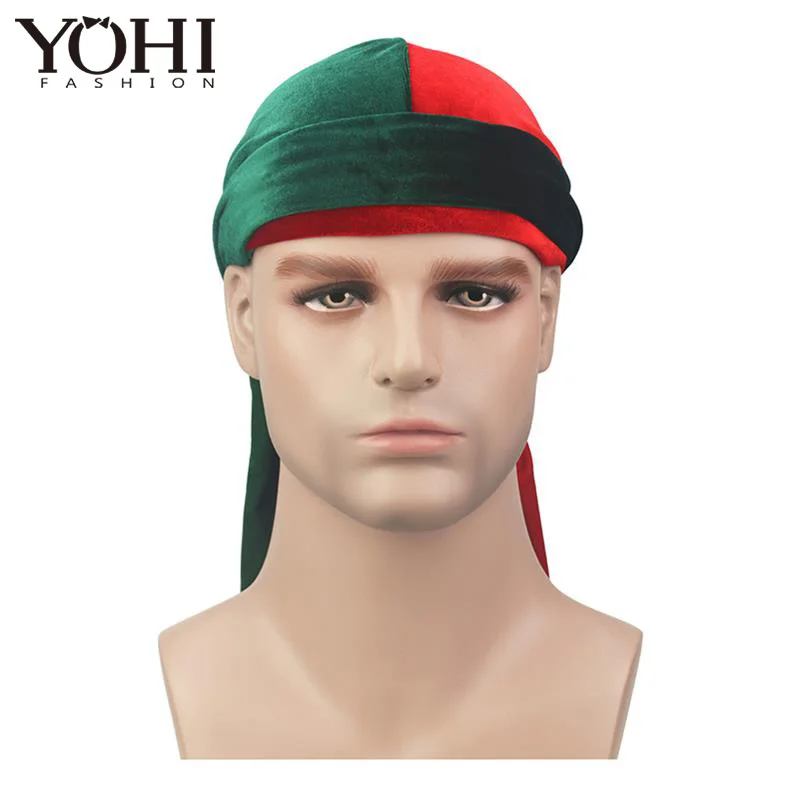 2018New Роскошные для мужчин P бархат Durags Бандана тюрбан шляпы парики Doo Durag головной убор для байкеров оголовье пиратская шляпа аксессуары для волос - Цвет: red green