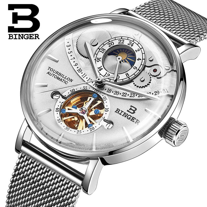 

Switzerland Watch Men BINGER Automatic Mechanical Men Watches Luxury Brand Sapphire Relogio Masculino Waterproof White Gifts