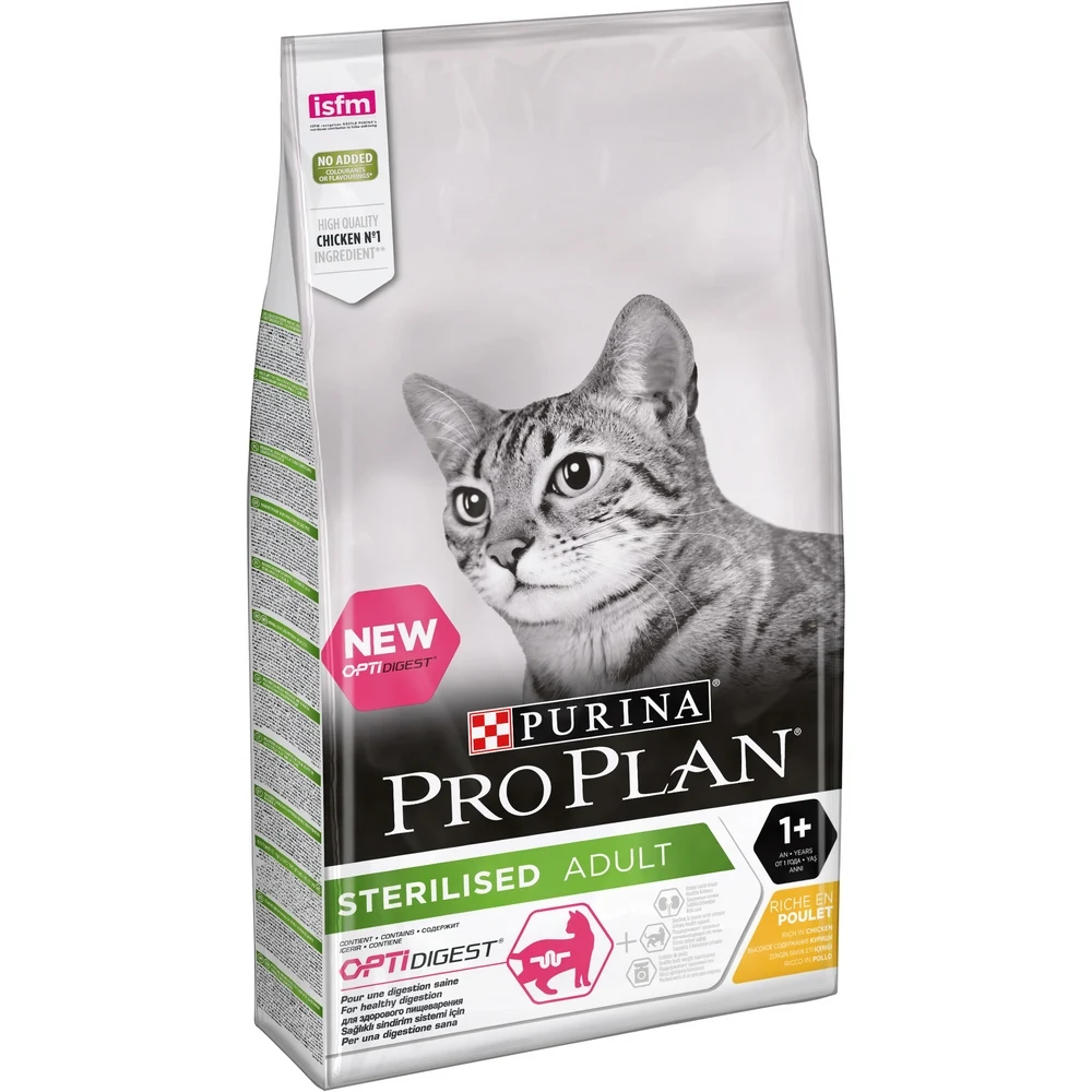 Pro Plan Sterilised для стерилизованных котов и кошек с чувствительным пищеварением, Курица, 10 кг