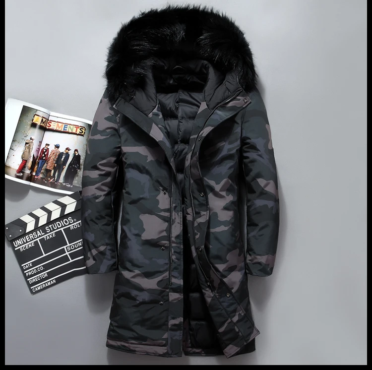 Мужская длинная пуховая куртка с меховым капюшоном, мужские камуфляжные зимние пуховые пальто, мужское модное пальто, сохраняющее тепло, парки, верхняя одежда JK-8909
