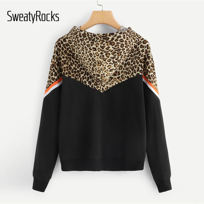  SweatyRocks Sporting Leopard Contrast Striped Long Sleeve Hoodie Casual Hooded Pullover Sweatshirts