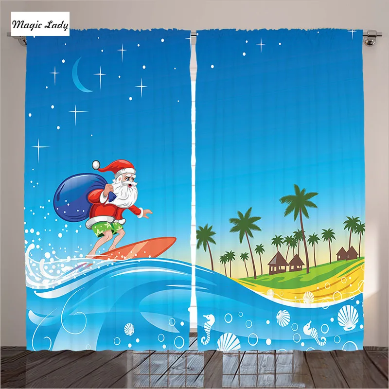Kids Curtains Bedroom Window Cartoons Living Room Surfing Santa Sack