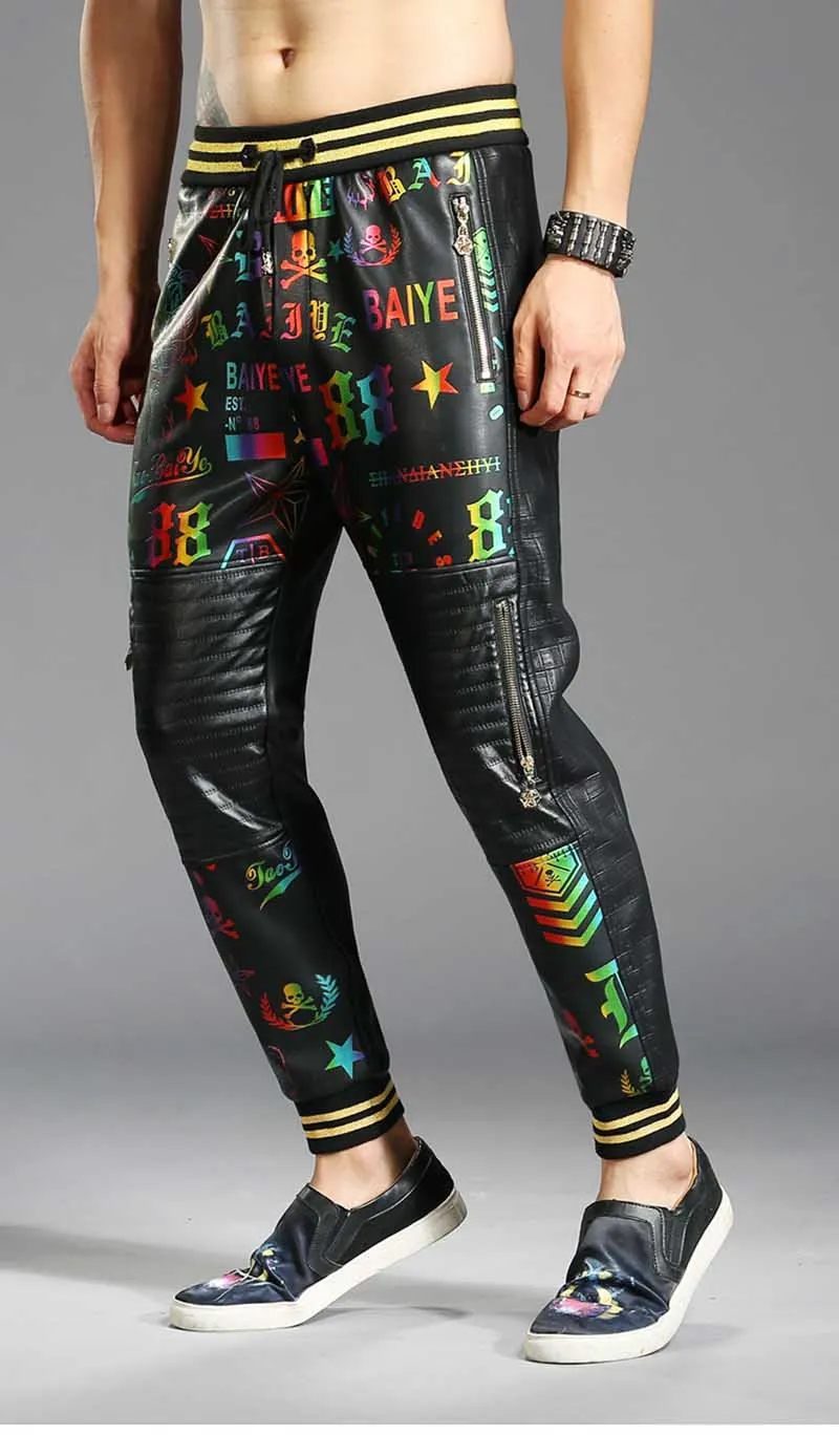 Новая мода Красочные роспись Джоггеры для мужчин повседневные штаны для из искусственной кожи с боковой молнией штаны-карго уличная танец