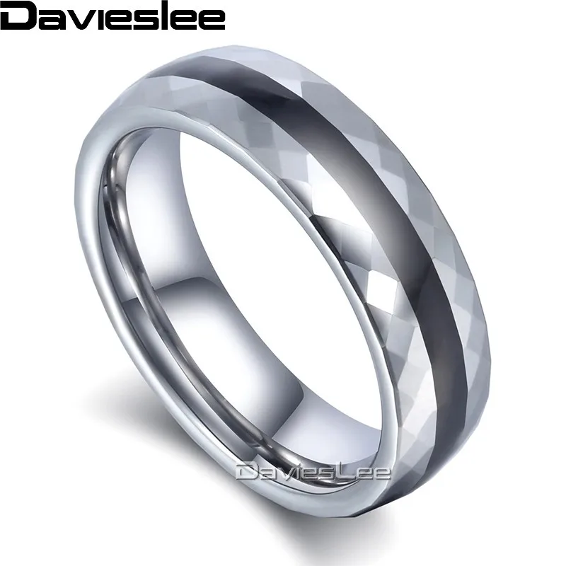 

Davieslee Mens Boys Stripe Faceted Band Ring Tungsten Carbide Wedding Engagement Silver Black 6mm LTR03