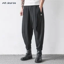 MRDONOO мужские льняные брюки в китайском стиле, большие свободные широкие штаны, шаровары в стиле ретро, хлопковые льняные длинные штаны K32