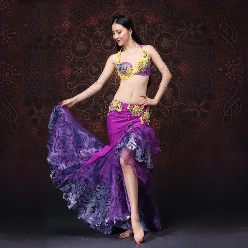

Rhinestone Beading Flower Bar Gauze Irregular Long Skirt Sexy Belly dance 2pcs set for Women Costume performance wears WQ01550