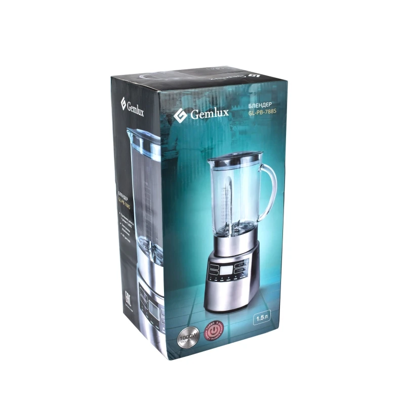 Блендер GEMLUX GL-PB-788S (Мощность 1000 Вт, объем 1,5 л, стеклянный стакан с крышкой, материал корпуса - нержавеющая сталь, 6-ти лопастной нож из нержавеющей стали)