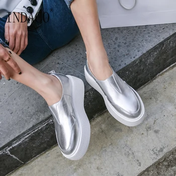 

2020 Women's Sneakers Leather Women Casual Shoes Silver 6cm