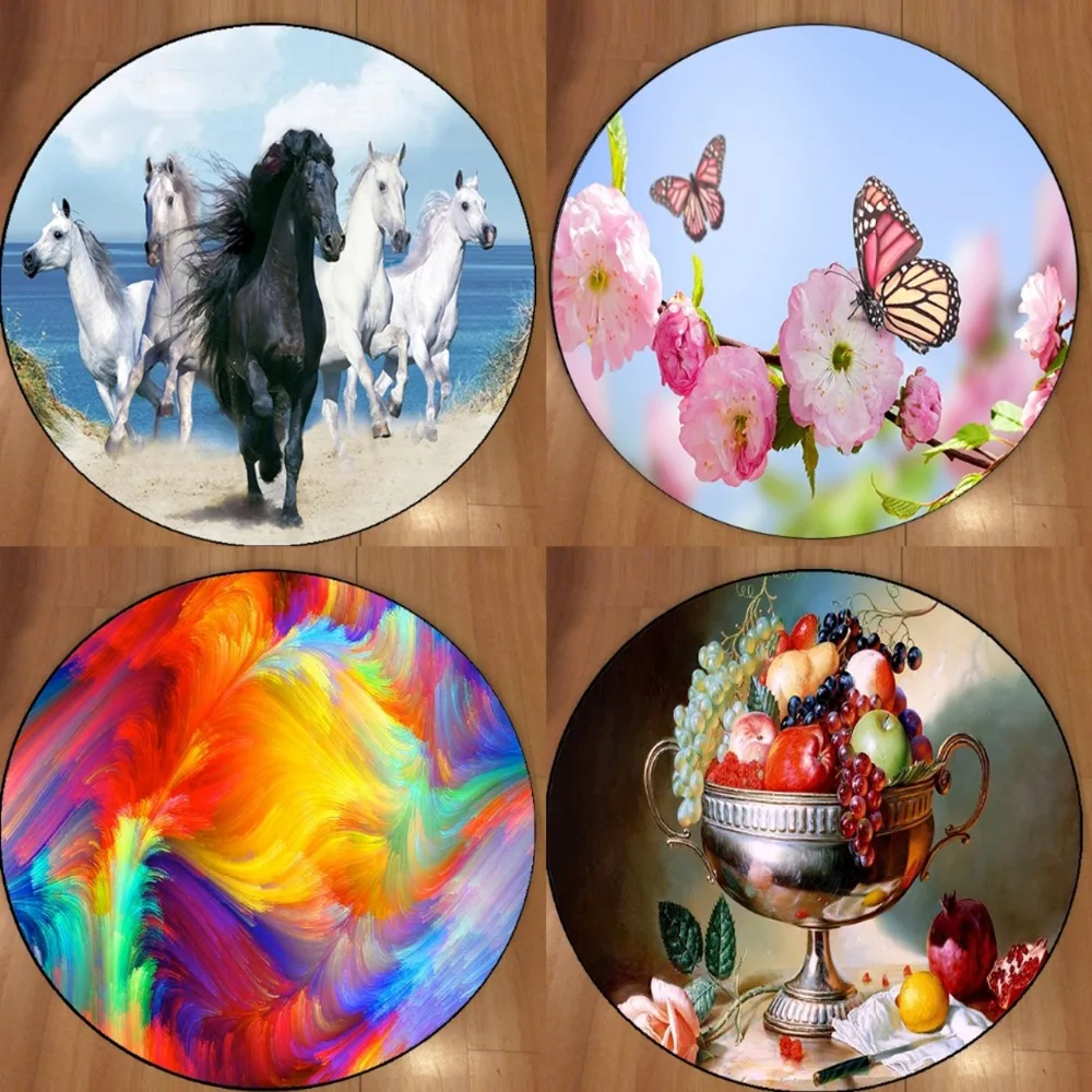 

Else Abstract Pink Flower Running Horses 3d Fruits Microfiber Round Carpets Area Rug For Living Rooms Kitchen Bedroom Bathroom
