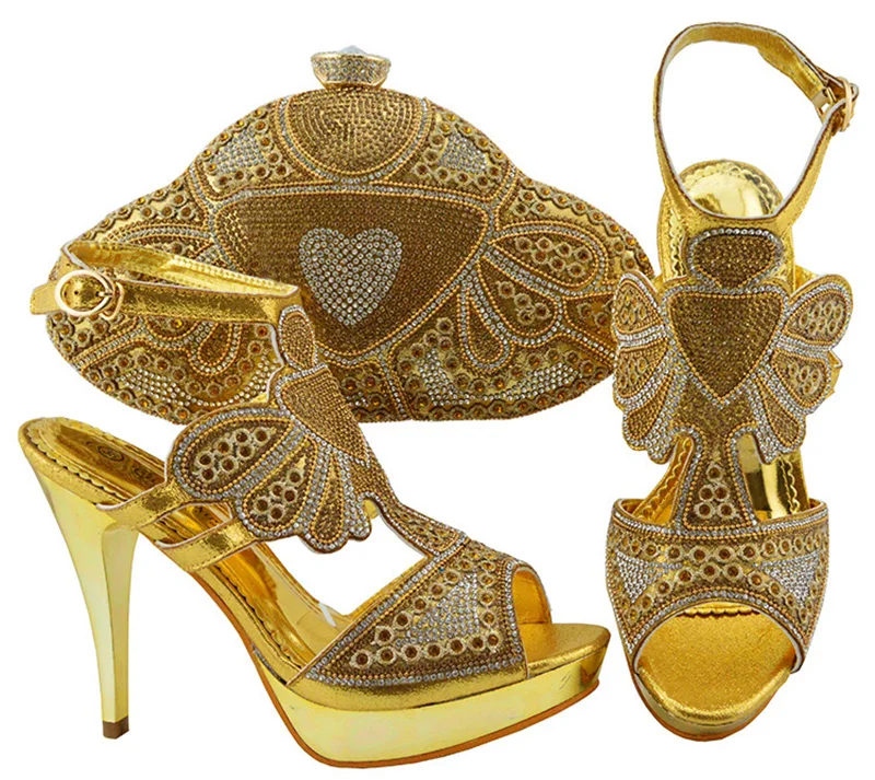 

Gold wedding italian shoes and bag matching set with many rhinestones sandal and clutches bag gold color shoes bag set SB8276-5