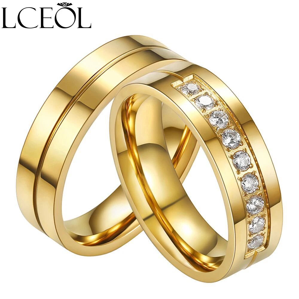 

LCEOL Trendy Wedding Bands Rings for Women / Men Love Gold-color Stainless Steel CZ Promise Jewelry Alliance Bijoux