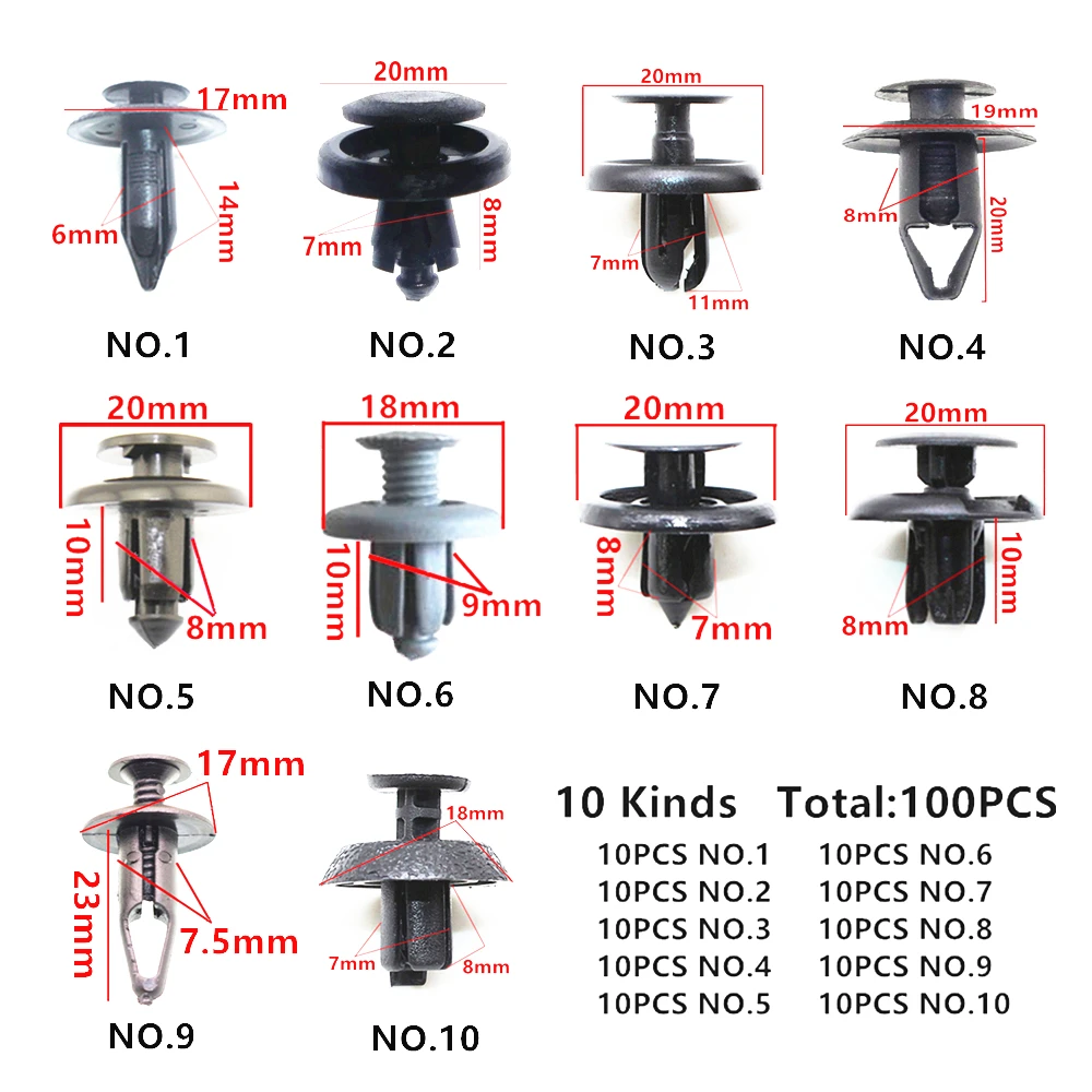 100 шт, разные универсальные 5 мм, 6 мм, 7 мм, 8 мм, 9 мм, 10 мм, автомобильные крепления из пластика, зажимы для всех автомобилей, винтовые заклепки