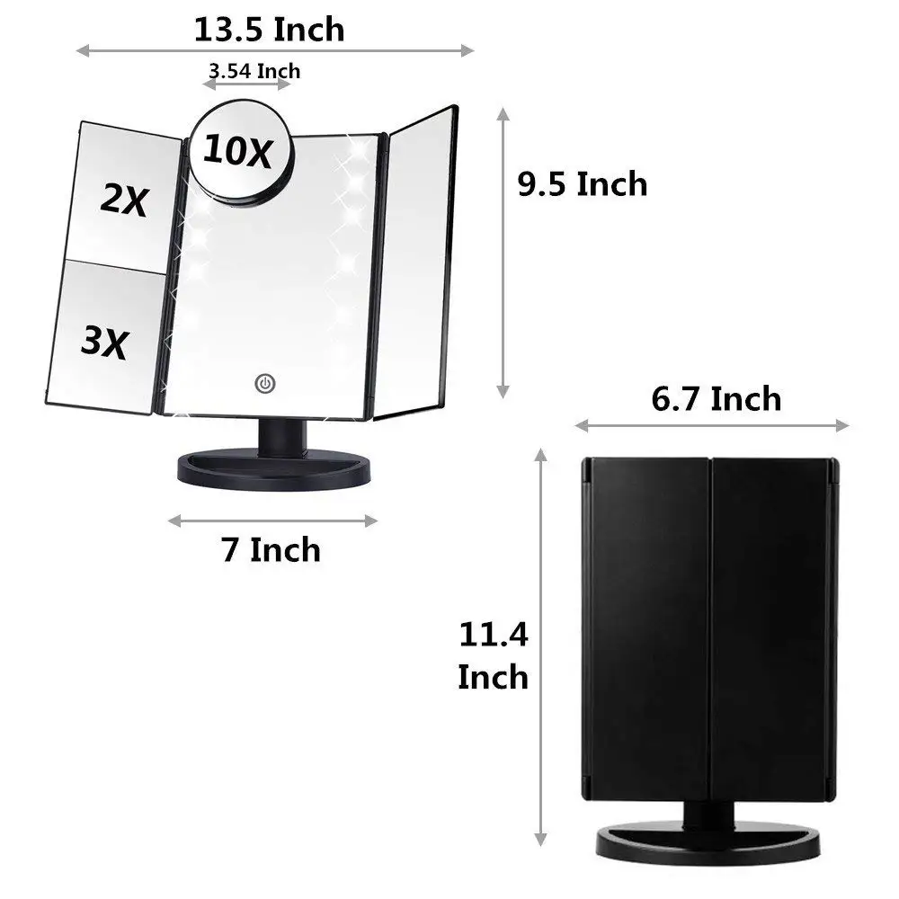 Косметическое зеркало для макияжа с 22 светодиодными лампами, трехкратное зеркало с увеличением и сенсорным экраном, регулируемый угол поворота 180