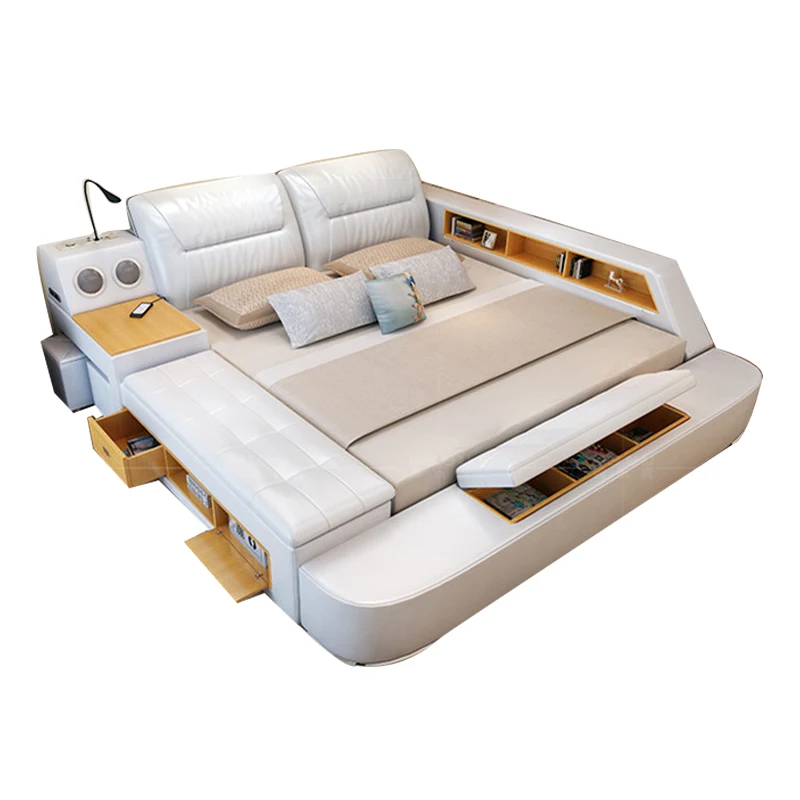 

White leather modern beds bedroom sets designs with massage function