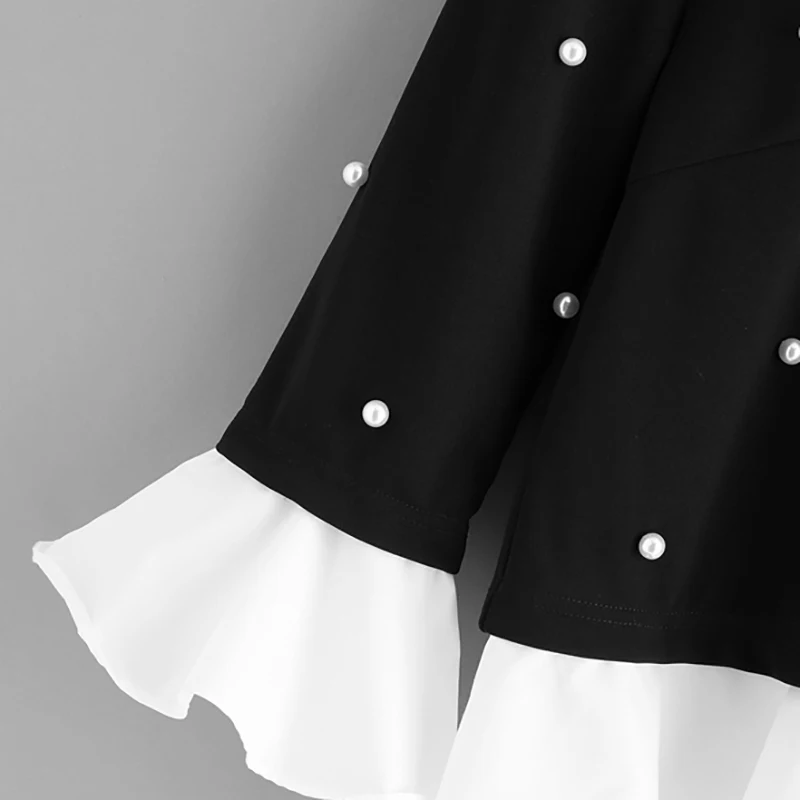 Dotfashion черно-белые оборкой жемчуг гофрированное, с пуговицами, украшенные Блуза Топ Для женщин Повседневное Демисезонный стенд рубашка с воротником