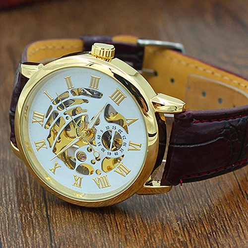 Модные мужские часы Топ бренд класса люкс кожаный ремешок водонепроницаемые золотые полые автоматические механические винтажные каркасные ролевые часы - Цвет: Белый