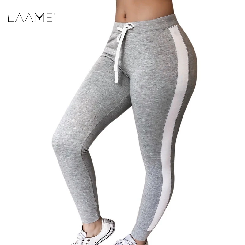 

LAAMEI High Waist Pants Trouser Women Drawstring Waist Skinny Pants Grey Ribbed Knit Striped Sideseam Sweatpants Fitness Legging