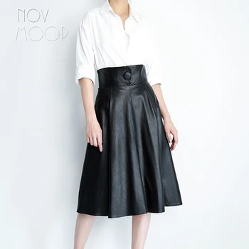 Runway vintage style brown black genuine leather real lambskin one button high waist A-Line skirt faldas mujer etek jupe LT2428