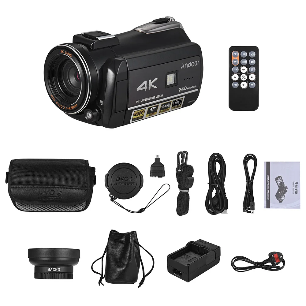 Andoer AC3 4K UHD 24MP Цифровая видеокамера регистратор w/0.45X Широкоугольный объектив