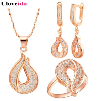 

Uloveido Lovers' Gift Zircon Rose Gold Color Special Water Drop Micro Pave Crystal Wedding Accessories 2017 Jewelry Sets T110