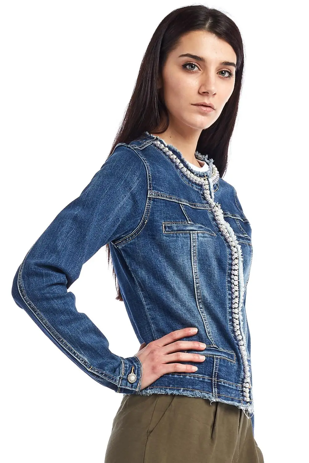 Pjd1116 Bleu Veste Avec 2019 Chesr Perles À Pop Longues O Femme Automne Denim cou Courte Printemps Manches Mince Chicamp; eI9WEHYbD2
