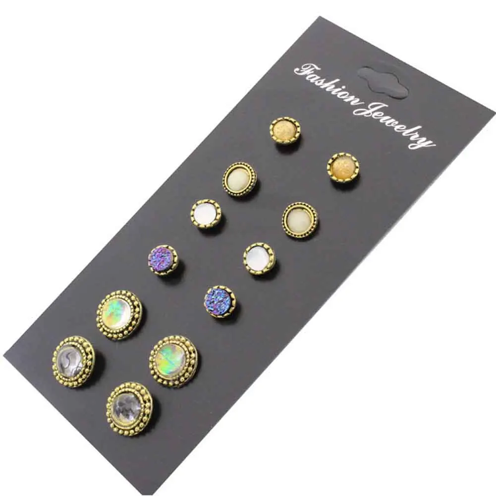 Fashion Accessories Stud Earring Pack Set 6 Pairs Square Round Ball