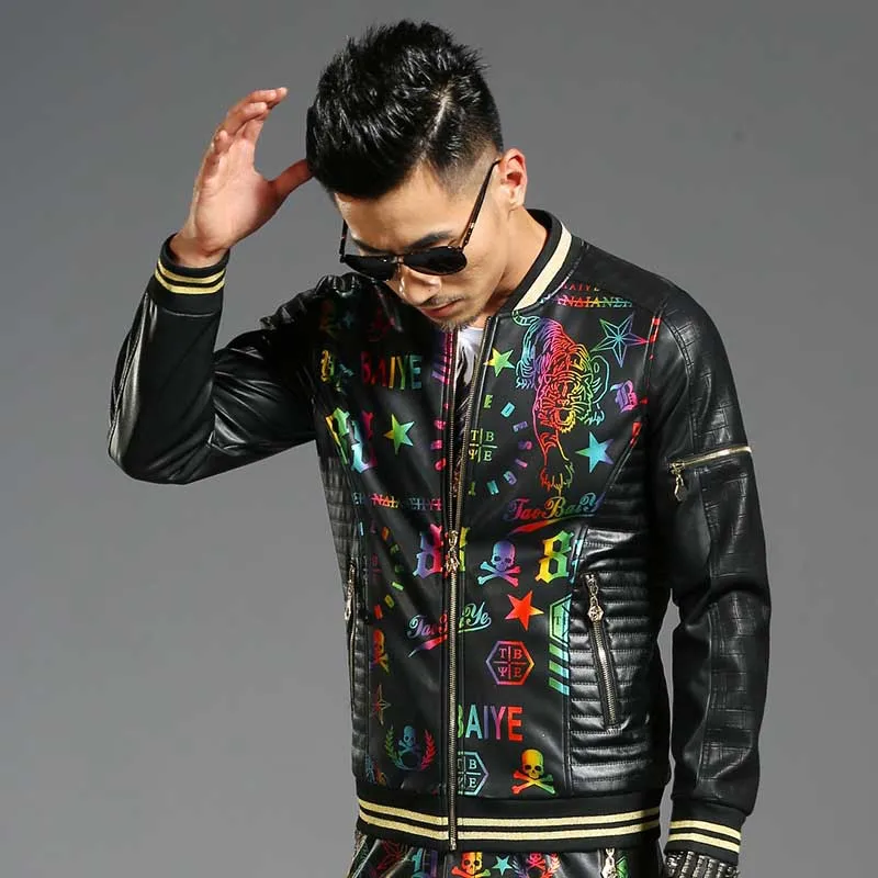 New Fashion PU Leather Colorful Printed Baseball Jacket Men Casual Bomber Jacket Coat Spring Autumn OUTWEAR Zipper Cardigan New Fashion PU Leather Colorful Printed Baseball Jacket Men Casual Bomber Jacket Coat Spring Autumn OUTWEAR Zipper Cardigan