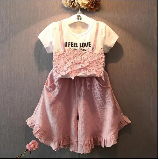 Girls set 2018 children's round neck three-dimensional lace vest + loose ruffled trousers two-piece | Мать и ребенок