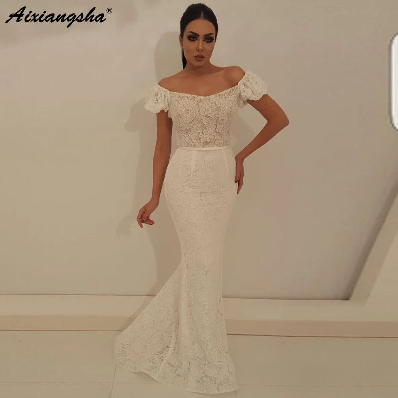 

White Muslim Evening Dresses 2019 Cap Sleeve Off the Shoulder Lace Saudi Arabic Long Evening Party Gown Mermaid Prom Dress