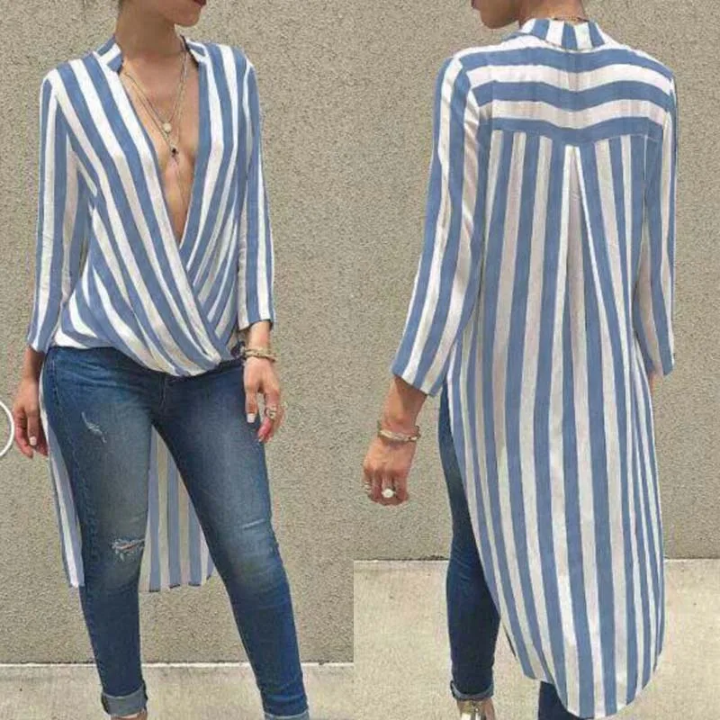 

2019 Autumn Women Striped Long Blouses Fashion Shirt Ladies Sexy Deep V neck Long Sleeves Irregular Hem Casual Tops Blusas Chic