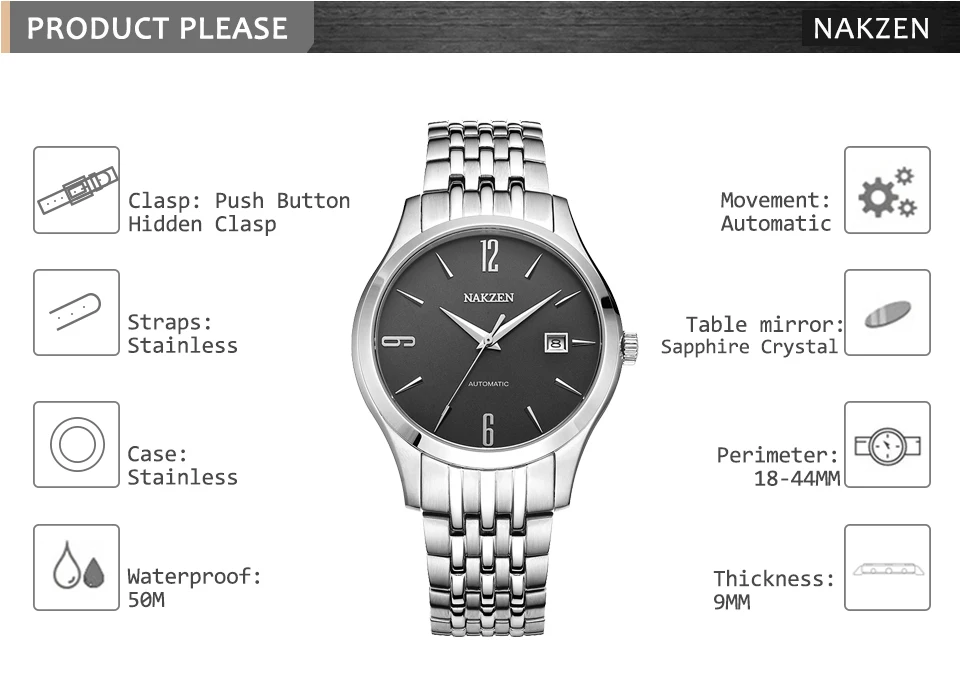 NAKZEN деловые автоматические Miyota 8215 механические мужские часы брендовые роскошные классические часы со стальным РЕМЕШКОМ НАРУЧНЫЕ часы Relogio Masculino