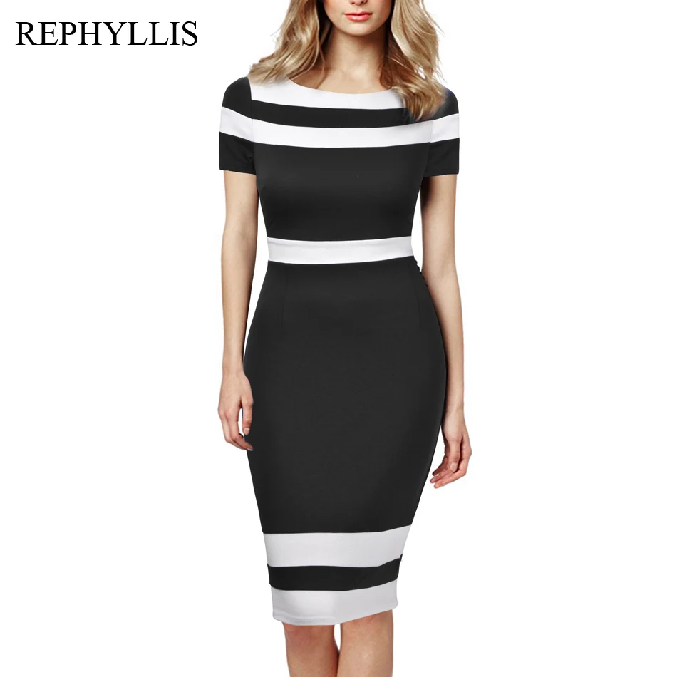 REPHYLLIS женское платье-карандаш с коротким рукавом, с вырезом лодочкой, в стиле пэчворк, повседневное, деловое, офисное, элегантное, облегающее - Цвет: Black