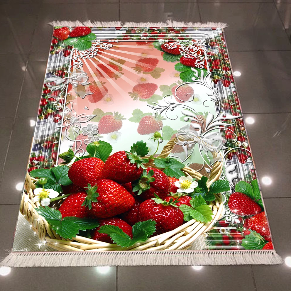 

Else Red Strawberry Fruits Plates Floral Flowers 3d Print Microfiber Anti Slip Back Washable Decorative Kitchen Area Rug Carpet