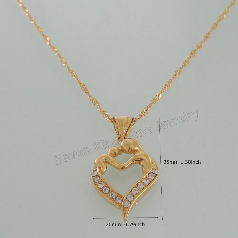 

VIVID YELLOW GOLD OVERLAY FILLED 18" NECKLACE & MUM MOM HUG BABY IN ARM CZ STONE IN HEART SHAPE PENDANT UNIQUE
