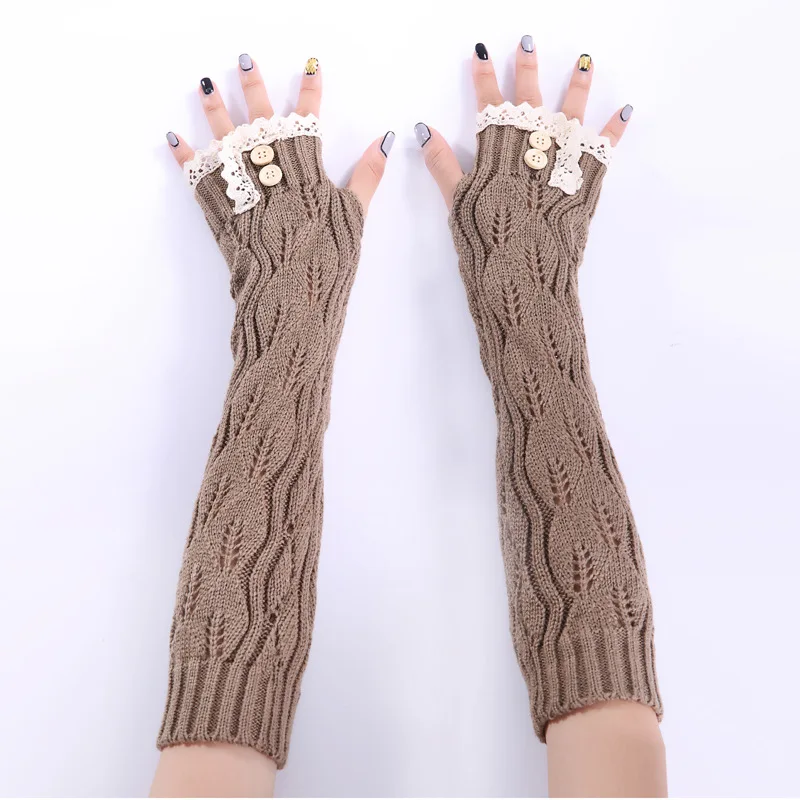 1 Pair Fashion Autumn Winter Warm Women Ladies Girl Solid Lace Gloves Arm Warmer Long Fingerless Knitting Wool Mittens