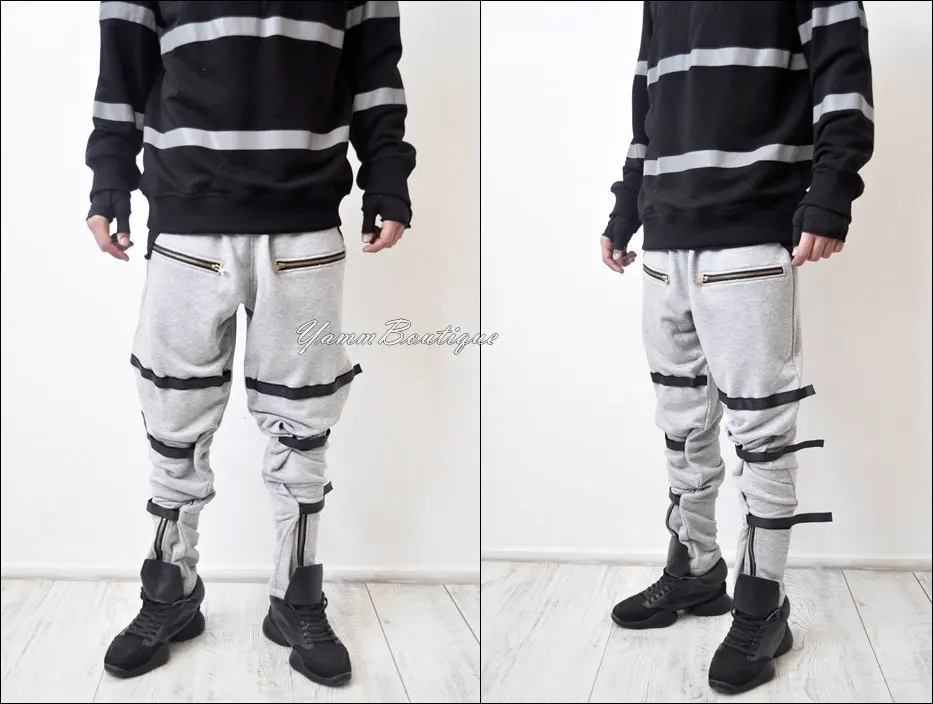 

Men's Hi Tech Military Cargo Pants Loose Fit Biker Banded Strap Closer Sweatpant Joggers / Tapered Fit Side Stripe