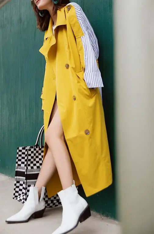 2018 Yellow Est Coupe Boucles Nouvelle Tempérament vent Automne Veste Rangée Style Femme Double Bande Épissé Moyen Long gfg4a