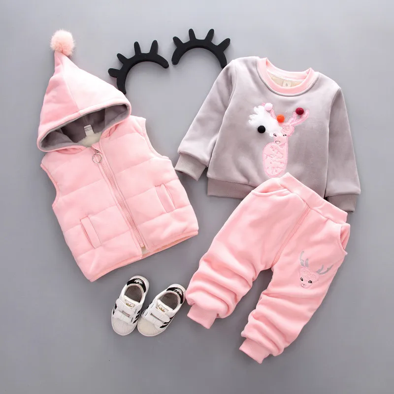 

Autumn Winter Children Clothing Sets Baby Girls Boys Toddler Warm Velvet Hooded Vest Waistcoat+ Shirt + Pants Clothes Suit T99